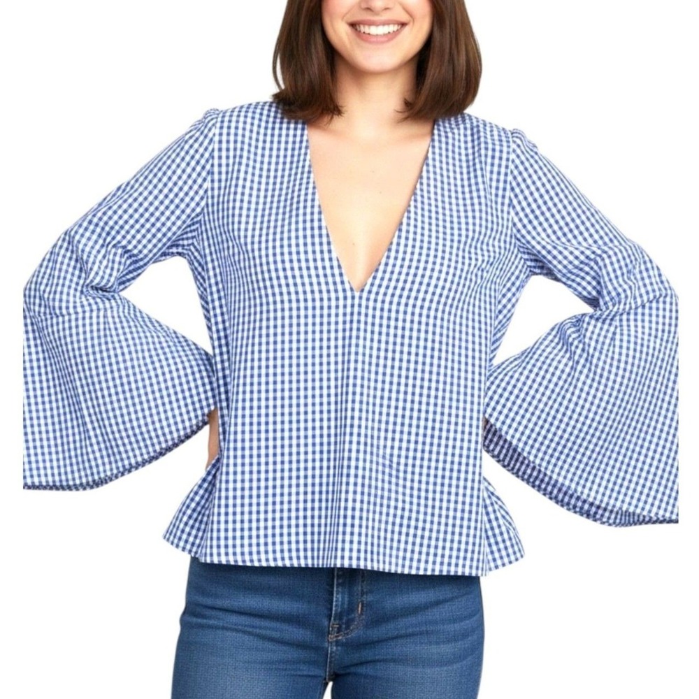 Zara Womens NWOT XS Fits S Blue Gingham Blouse Bell Sleeve Swing V Neck Cotton‎
